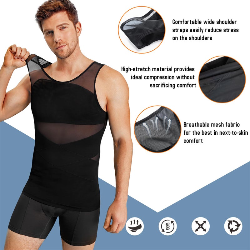 TAILONG Men's Compression Shirt for Body Shaper Slimming Vest Tight Tummy Underwear Tank Top (Black, X-Large) - Image 1